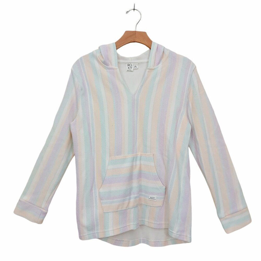 Roxy Girls Hoodie XL 18/20 Beige Striped Pullover V-Neck Summer Beach